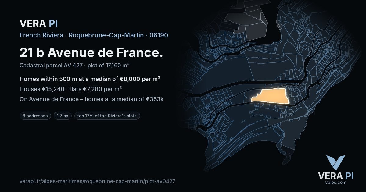 21 b Avenue de France, Roquebrune-Cap-Martin at night – the plot lit, the parcels around coloured by the prices near them