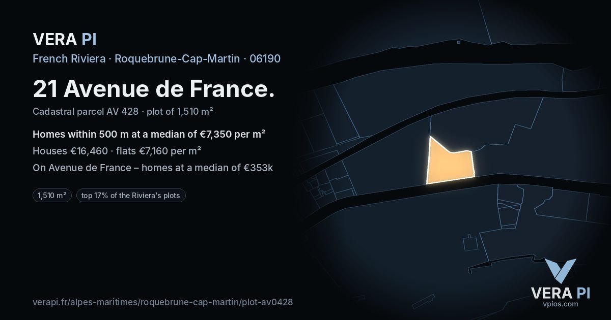 21 Avenue de France, Roquebrune-Cap-Martin at night – the plot lit, the parcels around coloured by the prices near them