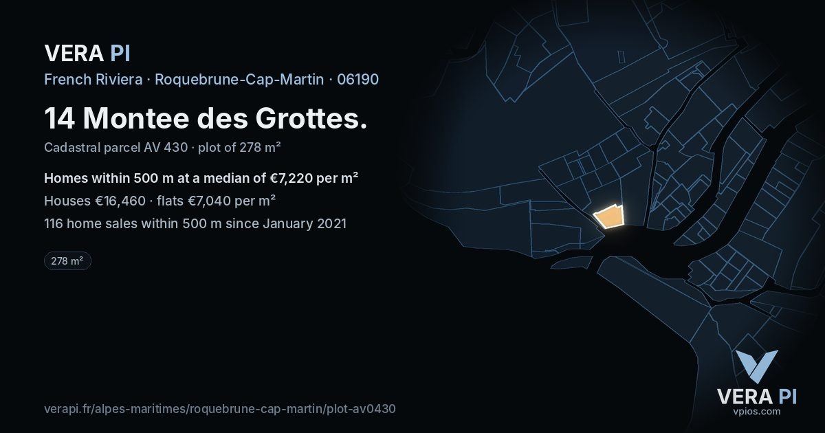 14 Montee des Grottes, Roquebrune-Cap-Martin at night – the plot lit, the parcels around coloured by the prices near them
