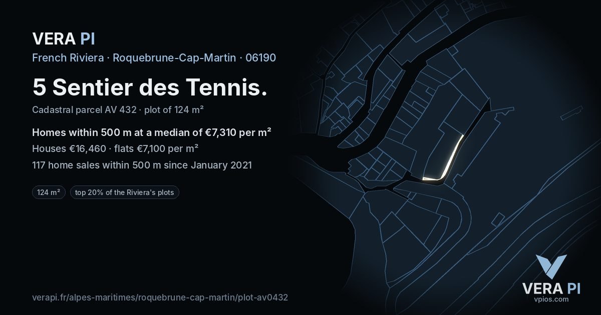 5 Sentier des Tennis, Roquebrune-Cap-Martin at night – the plot lit, the parcels around coloured by the prices near them