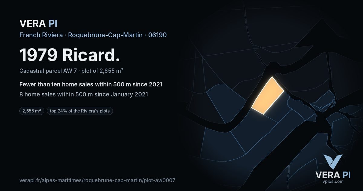 1979 Ricard, Roquebrune-Cap-Martin at night – the plot lit, the parcels around coloured by the prices near them