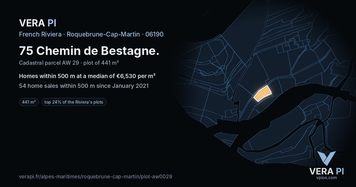 75 Chemin de Bestagne, Roquebrune-Cap-Martin at night – the plot lit, the parcels around coloured by the prices near them