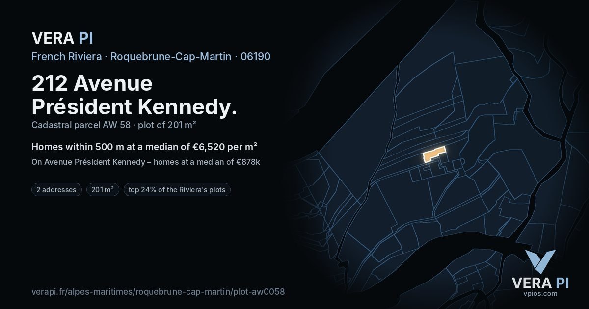 212 Avenue Président Kennedy, Roquebrune-Cap-Martin at night – the plot lit, the parcels around coloured by the prices near them