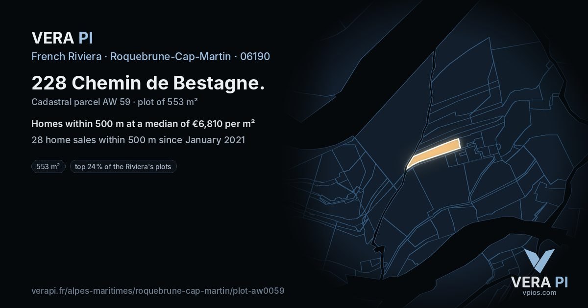 228 Chemin de Bestagne, Roquebrune-Cap-Martin at night – the plot lit, the parcels around coloured by the prices near them