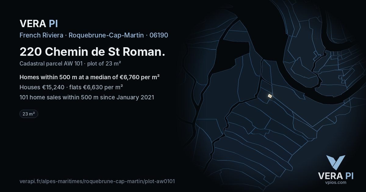 220 Chemin de St Roman, Roquebrune-Cap-Martin at night – the plot lit, the parcels around coloured by the prices near them