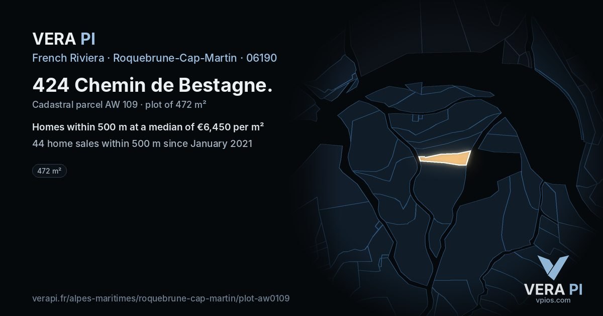 424 Chemin de Bestagne, Roquebrune-Cap-Martin at night – the plot lit, the parcels around coloured by the prices near them