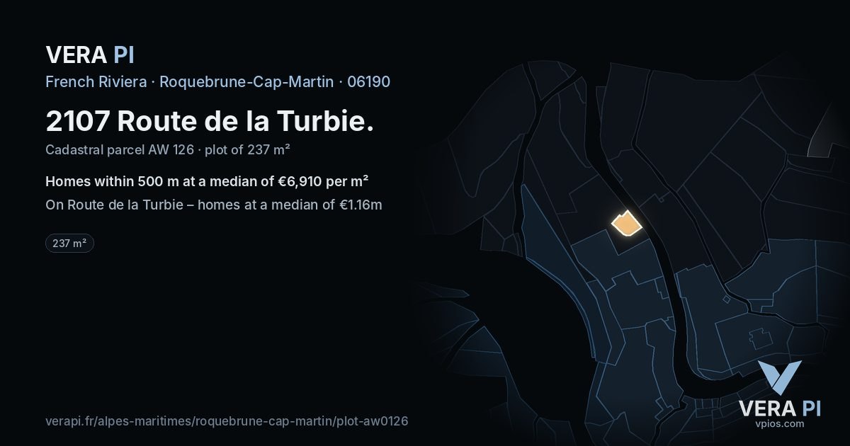 2107 Route de la Turbie, Roquebrune-Cap-Martin at night – the plot lit, the parcels around coloured by the prices near them