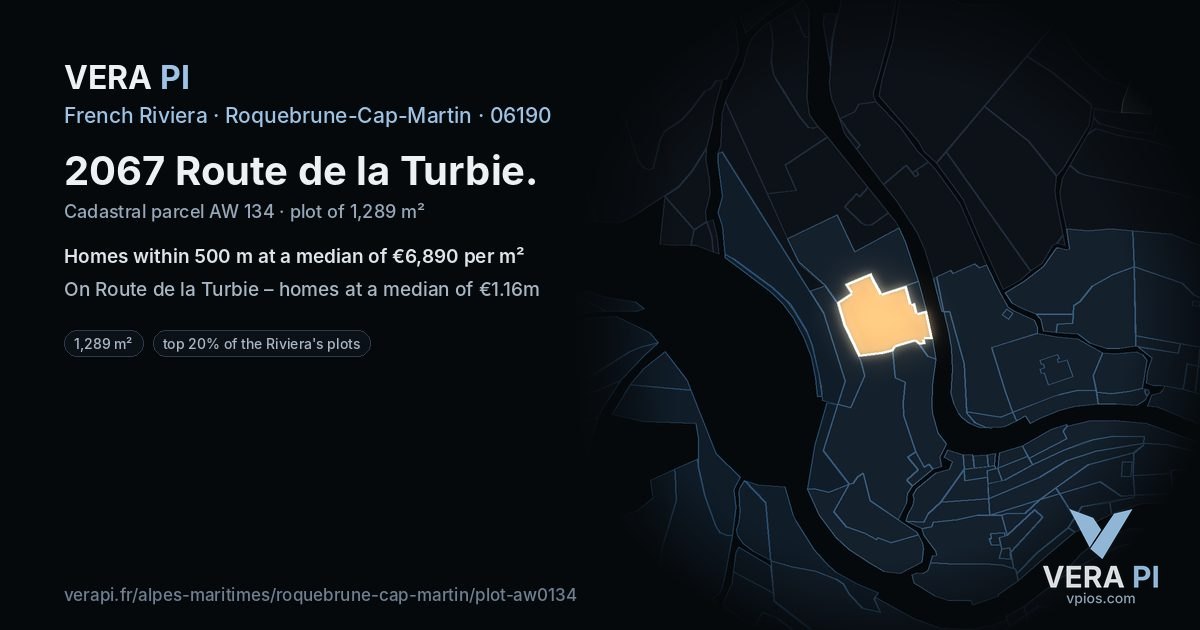 2067 Route de la Turbie, Roquebrune-Cap-Martin at night – the plot lit, the parcels around coloured by the prices near them
