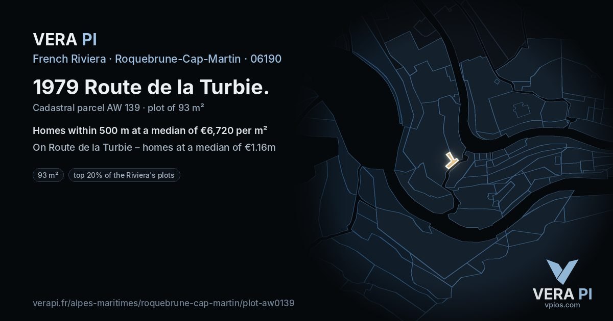 1979 Route de la Turbie, Roquebrune-Cap-Martin at night – the plot lit, the parcels around coloured by the prices near them