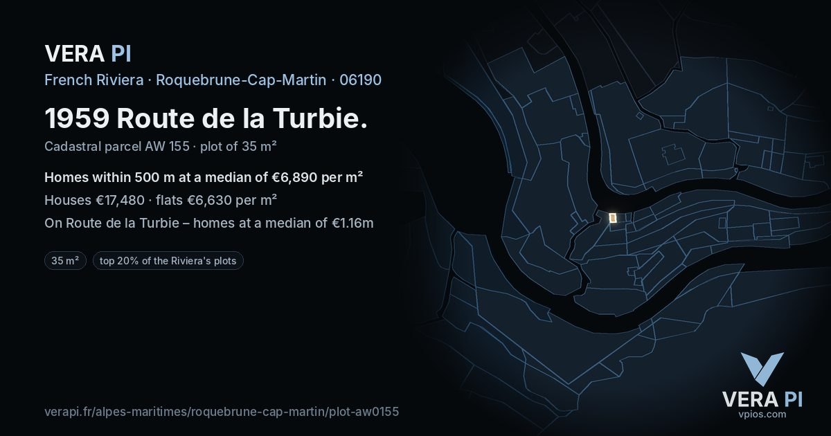1959 Route de la Turbie, Roquebrune-Cap-Martin at night – the plot lit, the parcels around coloured by the prices near them