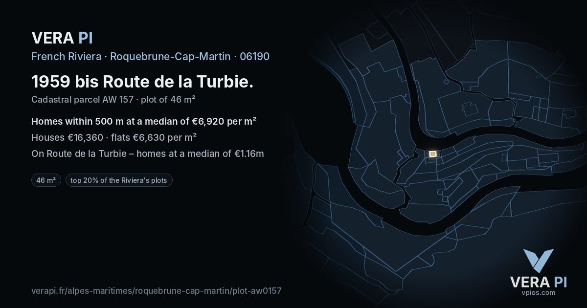 1959 bis Route de la Turbie, Roquebrune-Cap-Martin at night – the plot lit, the parcels around coloured by the prices near them