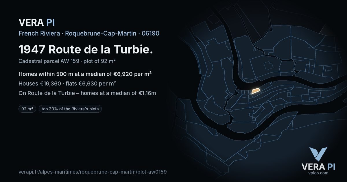 1947 Route de la Turbie, Roquebrune-Cap-Martin at night – the plot lit, the parcels around coloured by the prices near them