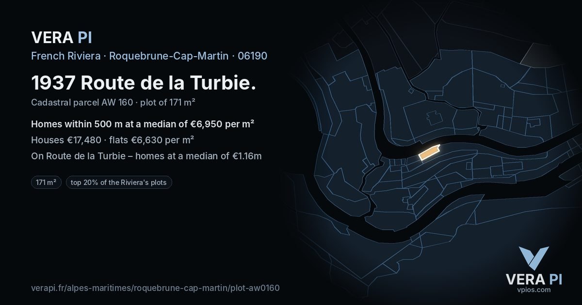 1937 Route de la Turbie, Roquebrune-Cap-Martin at night – the plot lit, the parcels around coloured by the prices near them