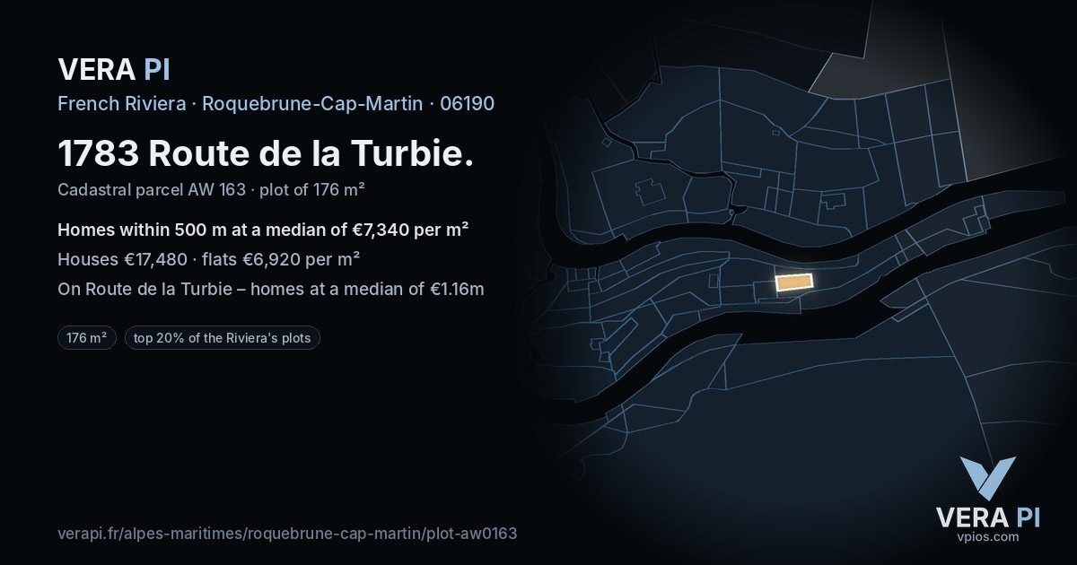 1783 Route de la Turbie, Roquebrune-Cap-Martin at night – the plot lit, the parcels around coloured by the prices near them