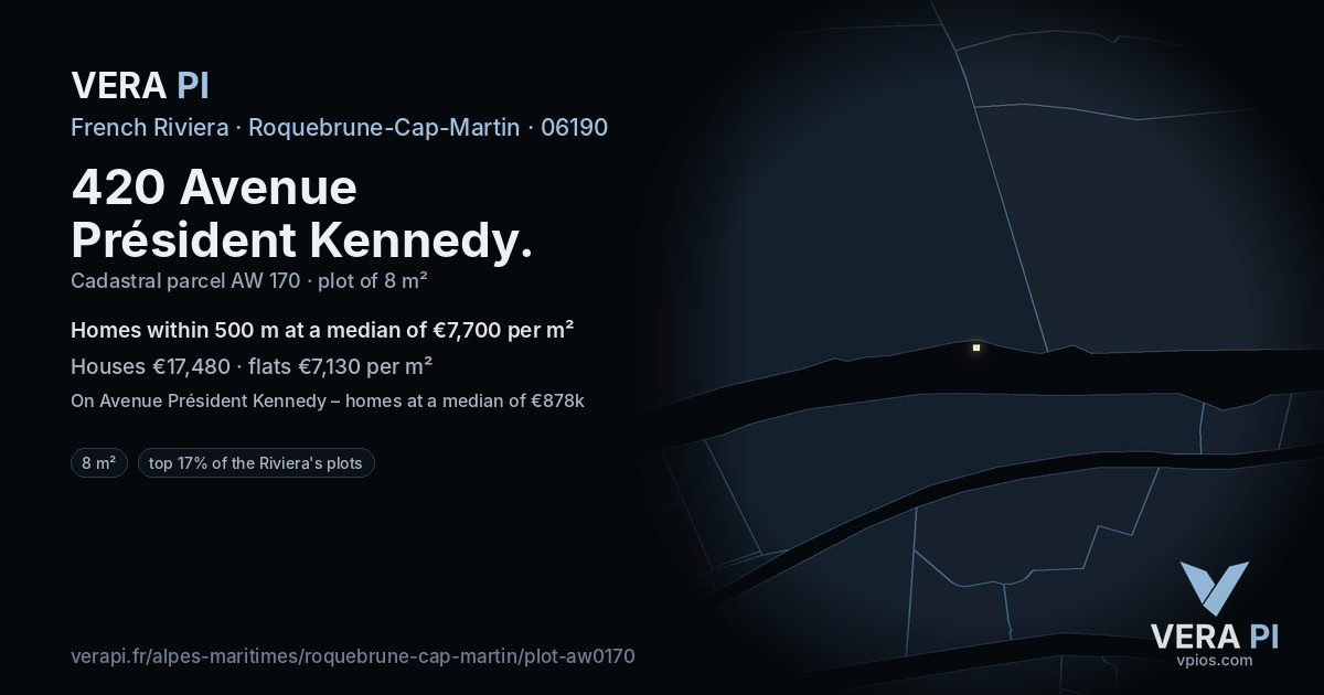 420 Avenue Président Kennedy, Roquebrune-Cap-Martin at night – the plot lit, the parcels around coloured by the prices near them