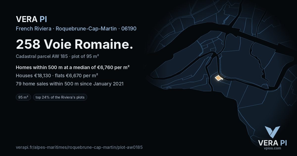 258 Voie Romaine, Roquebrune-Cap-Martin at night – the plot lit, the parcels around coloured by the prices near them