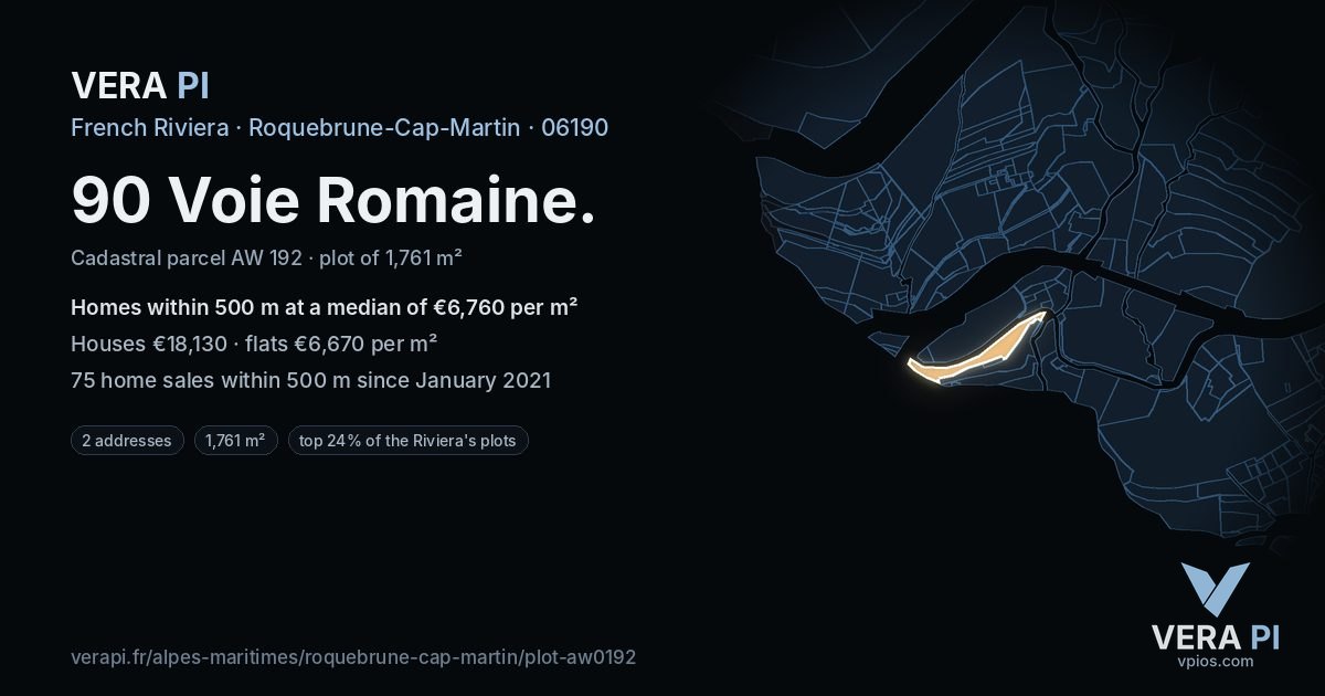 90 Voie Romaine, Roquebrune-Cap-Martin at night – the plot lit, the parcels around coloured by the prices near them