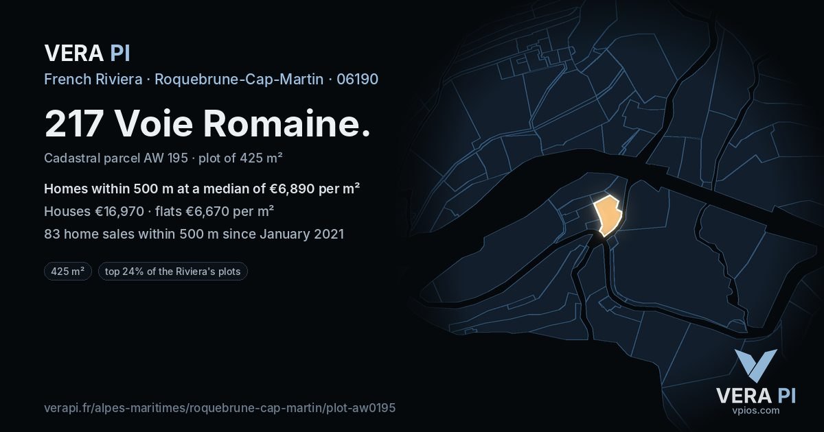 217 Voie Romaine, Roquebrune-Cap-Martin at night – the plot lit, the parcels around coloured by the prices near them