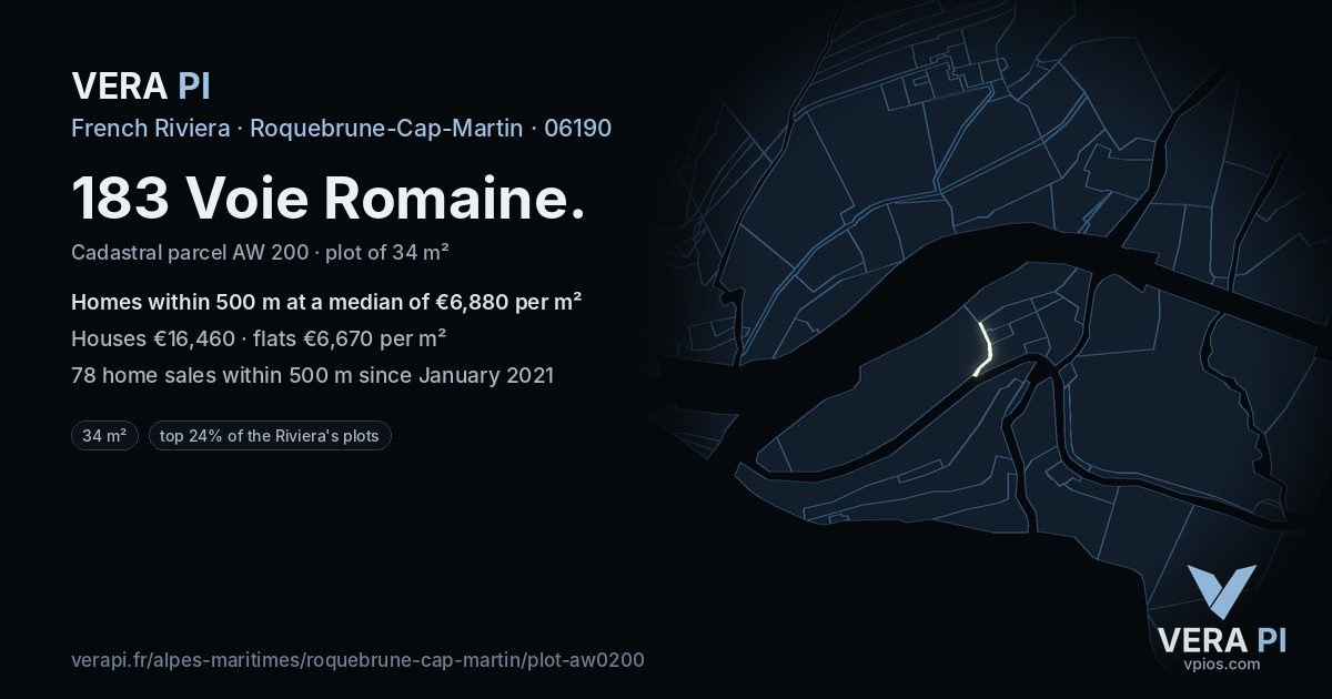183 Voie Romaine, Roquebrune-Cap-Martin at night – the plot lit, the parcels around coloured by the prices near them