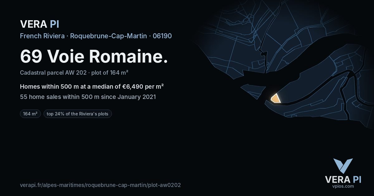 69 Voie Romaine, Roquebrune-Cap-Martin at night – the plot lit, the parcels around coloured by the prices near them
