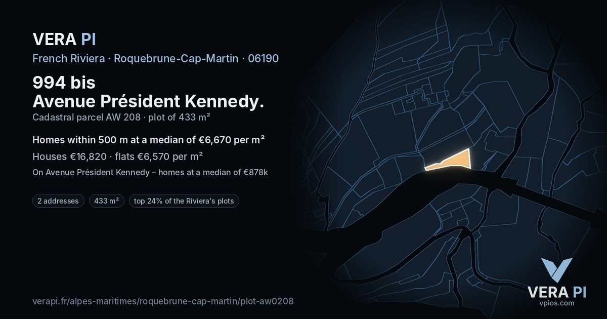 994 bis Avenue Président Kennedy, Roquebrune-Cap-Martin at night – the plot lit, the parcels around coloured by the prices near them