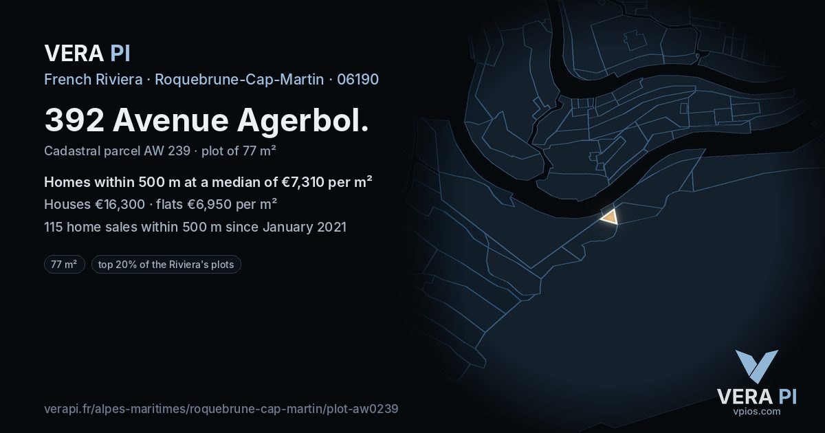 392 Avenue Agerbol, Roquebrune-Cap-Martin at night – the plot lit, the parcels around coloured by the prices near them