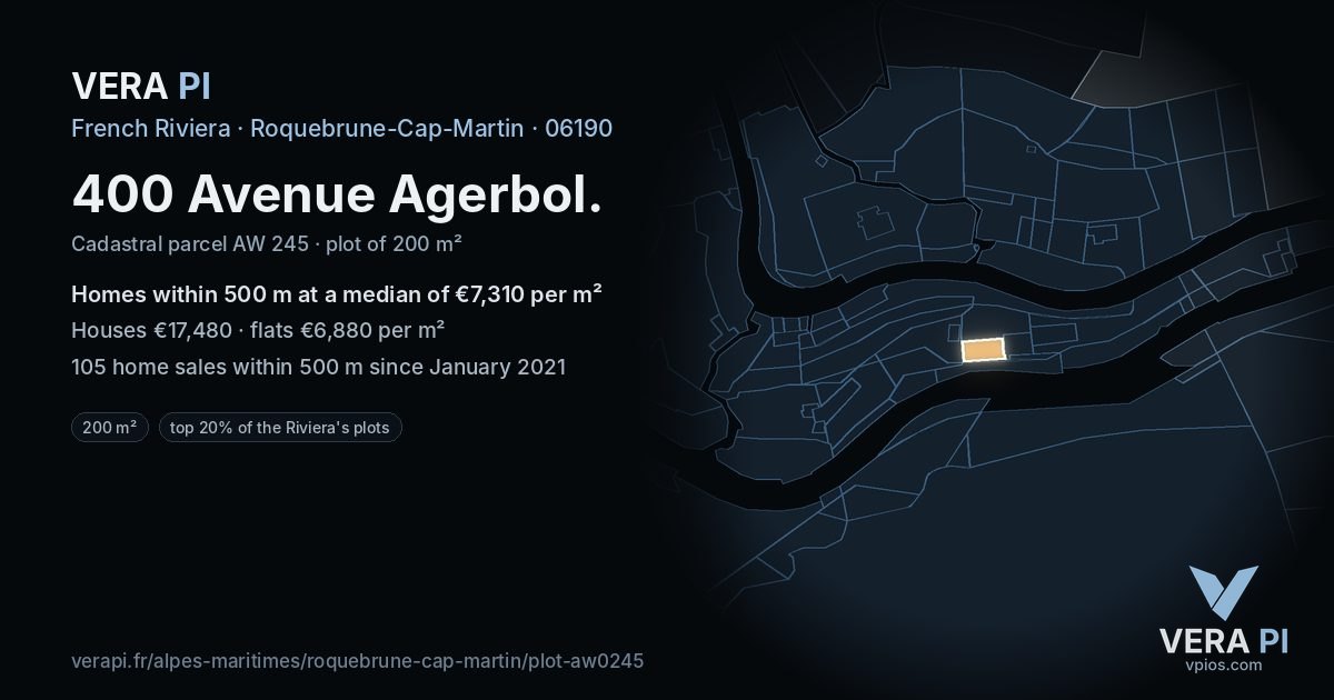 400 Avenue Agerbol, Roquebrune-Cap-Martin at night – the plot lit, the parcels around coloured by the prices near them