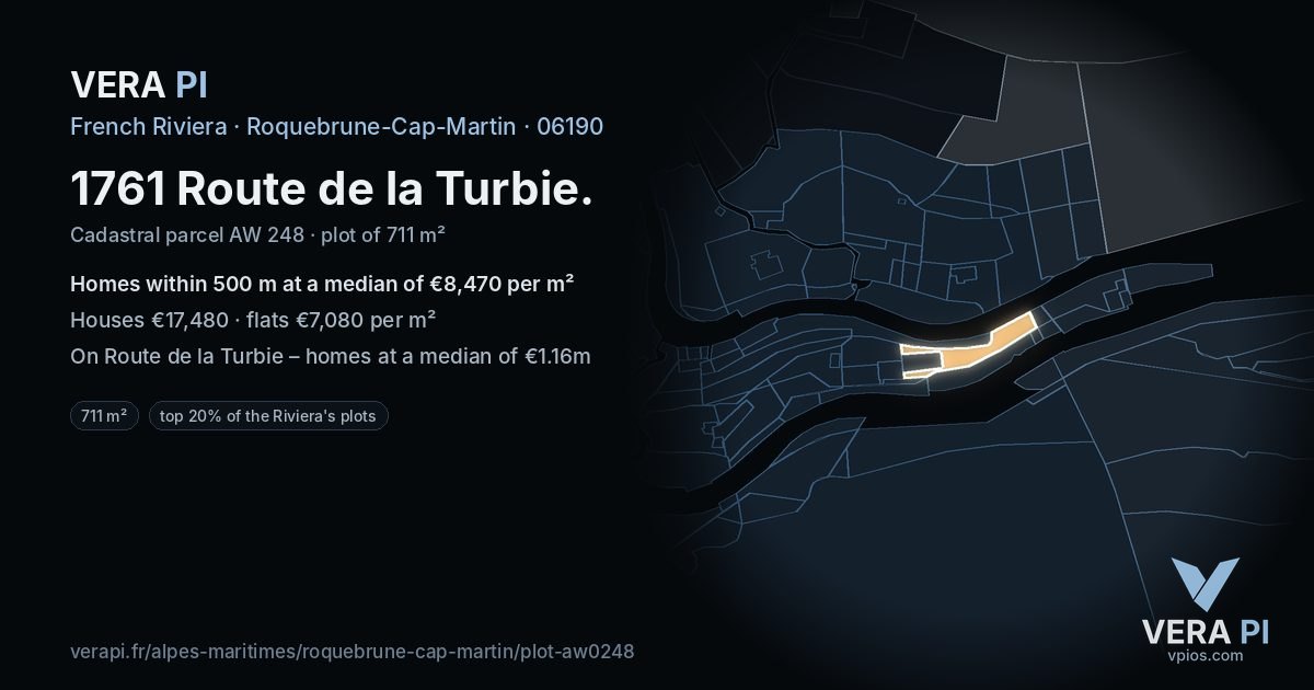 1761 Route de la Turbie, Roquebrune-Cap-Martin at night – the plot lit, the parcels around coloured by the prices near them