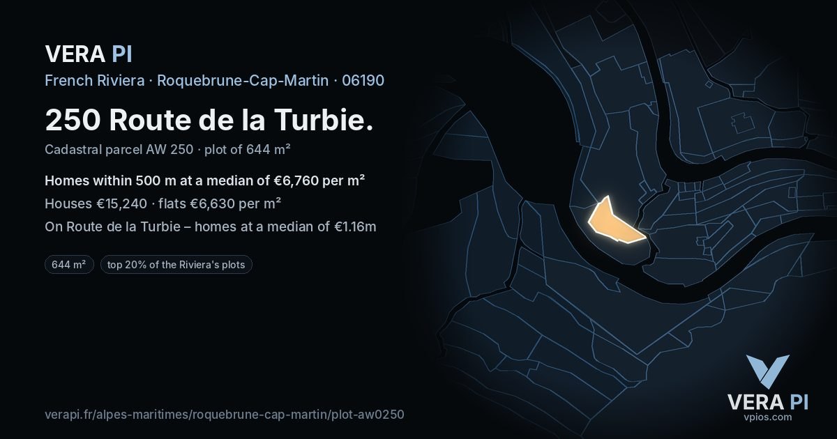 250 Route de la Turbie, Roquebrune-Cap-Martin at night – the plot lit, the parcels around coloured by the prices near them