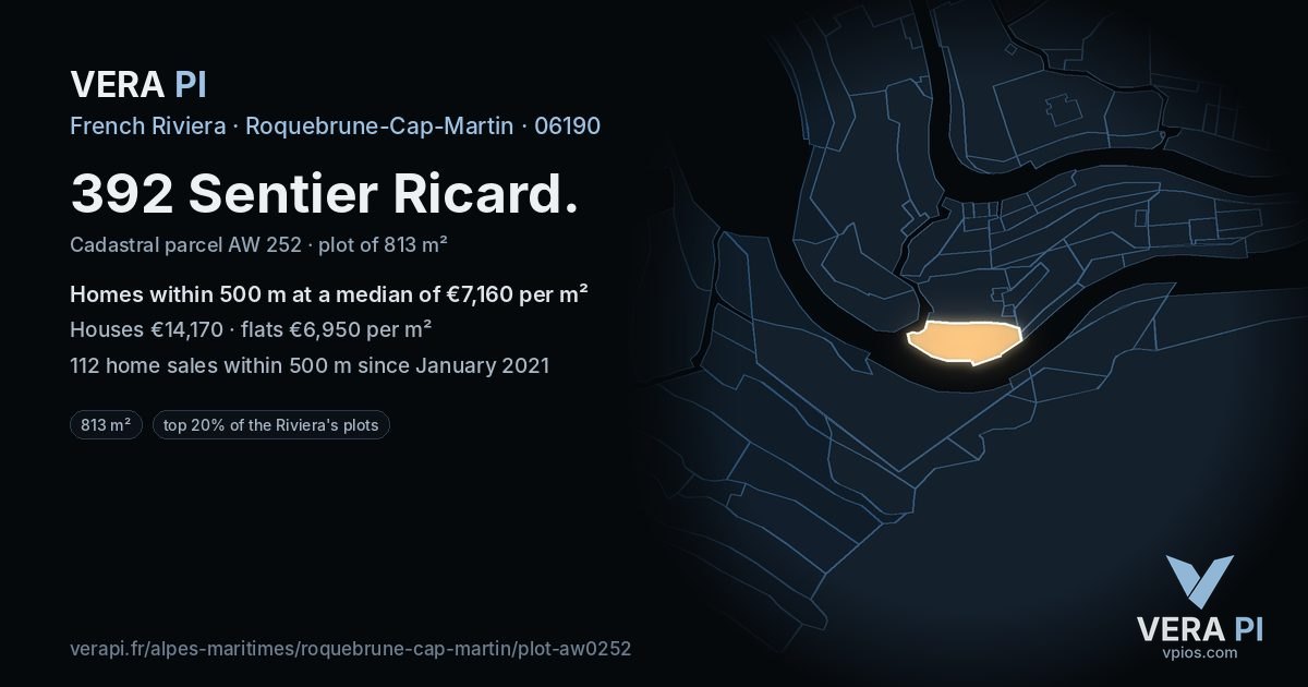 392 Sentier Ricard, Roquebrune-Cap-Martin at night – the plot lit, the parcels around coloured by the prices near them