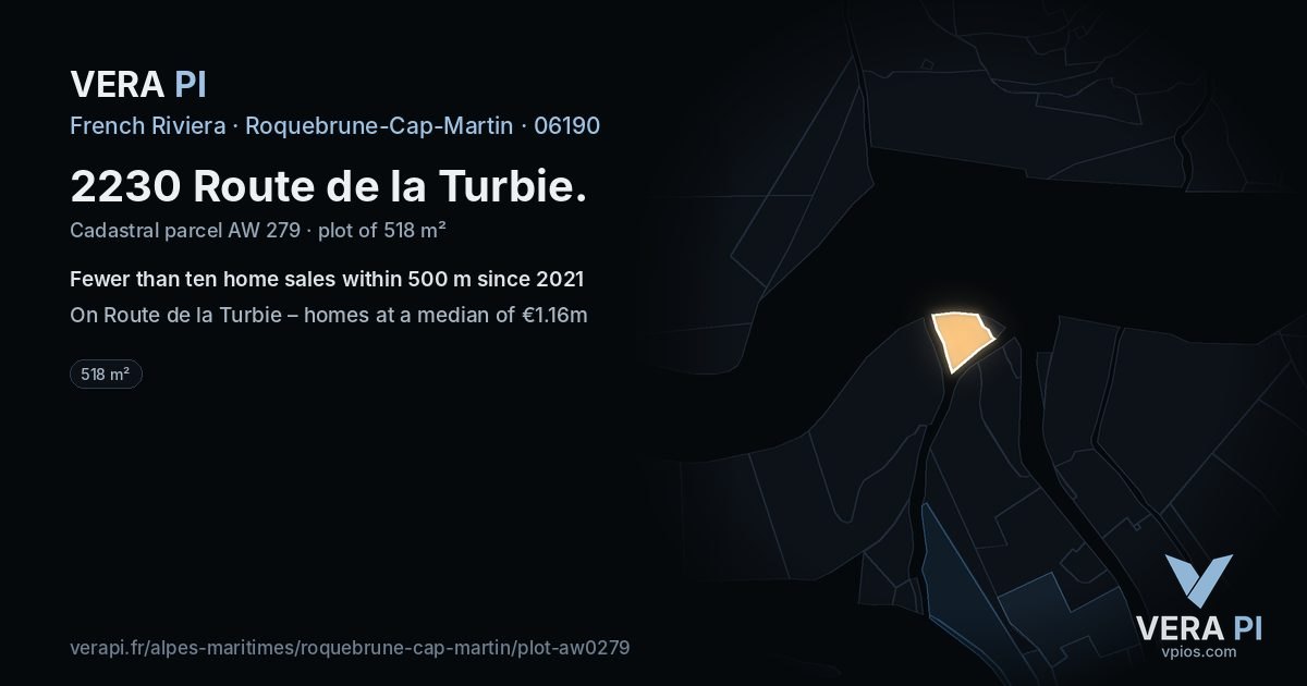 2230 Route de la Turbie, Roquebrune-Cap-Martin at night – the plot lit, the parcels around coloured by the prices near them