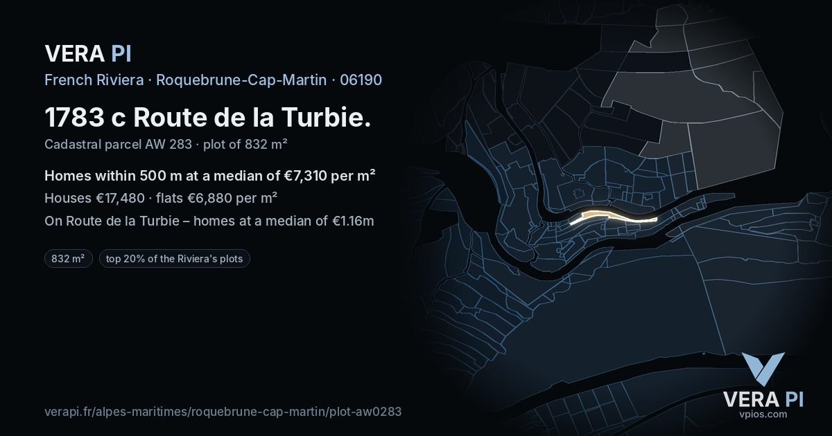 1783 c Route de la Turbie, Roquebrune-Cap-Martin at night – the plot lit, the parcels around coloured by the prices near them