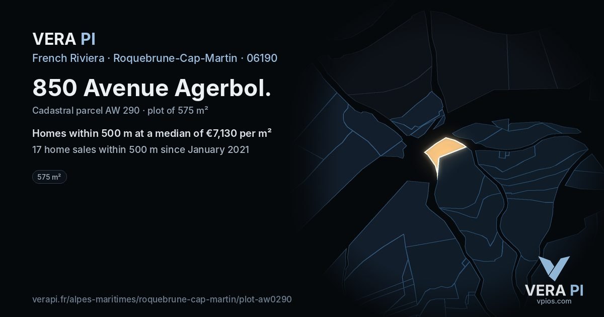 850 Avenue Agerbol, Roquebrune-Cap-Martin at night – the plot lit, the parcels around coloured by the prices near them
