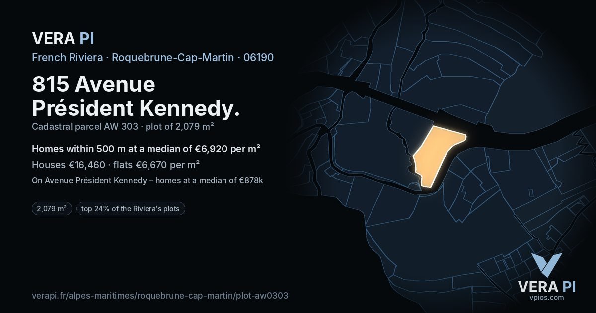 815 Avenue Président Kennedy, Roquebrune-Cap-Martin at night – the plot lit, the parcels around coloured by the prices near them