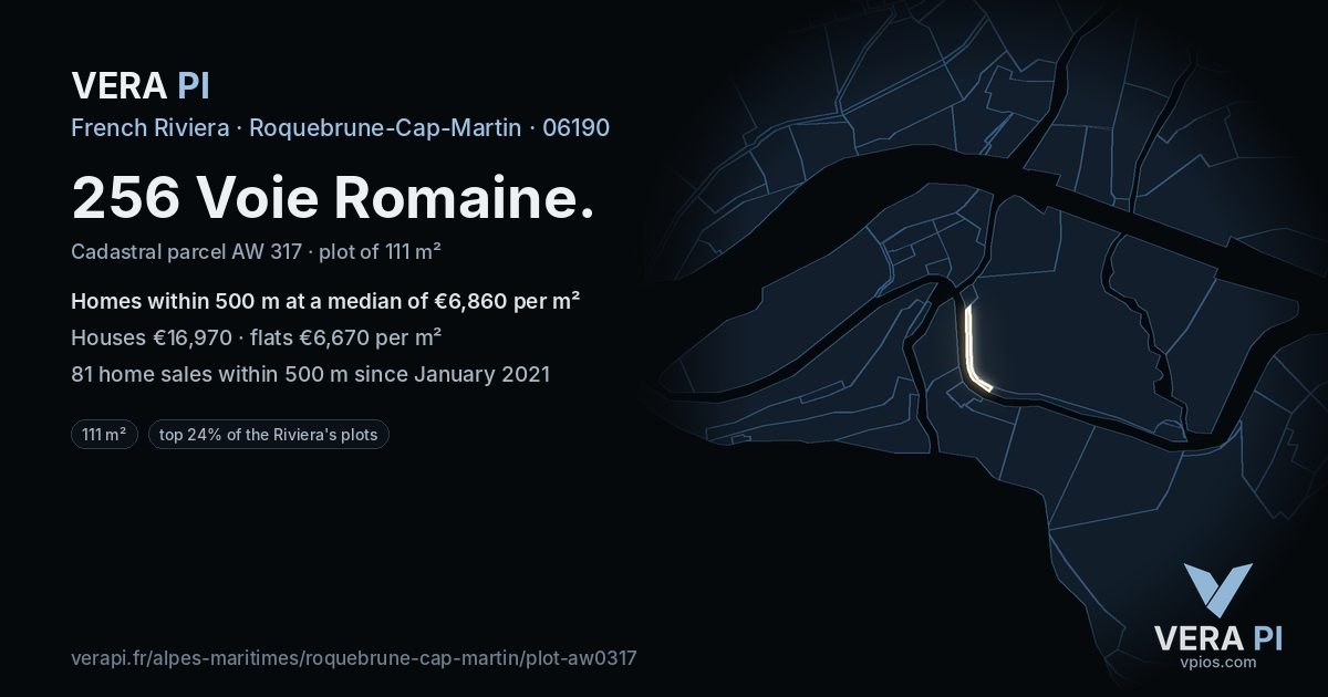 256 Voie Romaine, Roquebrune-Cap-Martin at night – the plot lit, the parcels around coloured by the prices near them