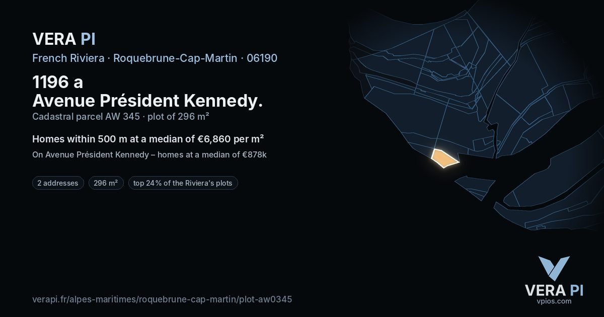1196 a Avenue Président Kennedy, Roquebrune-Cap-Martin at night – the plot lit, the parcels around coloured by the prices near them
