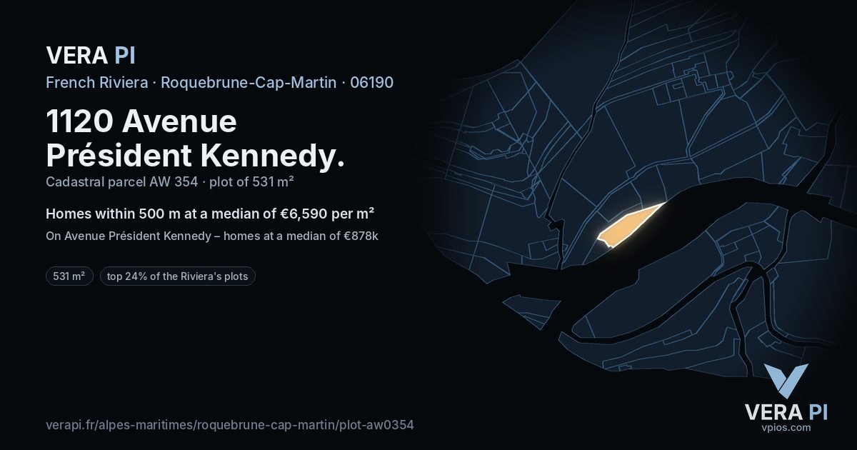 1120 Avenue Président Kennedy, Roquebrune-Cap-Martin at night – the plot lit, the parcels around coloured by the prices near them