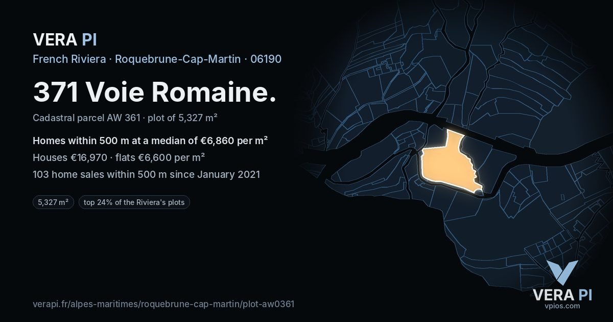 371 Voie Romaine, Roquebrune-Cap-Martin at night – the plot lit, the parcels around coloured by the prices near them