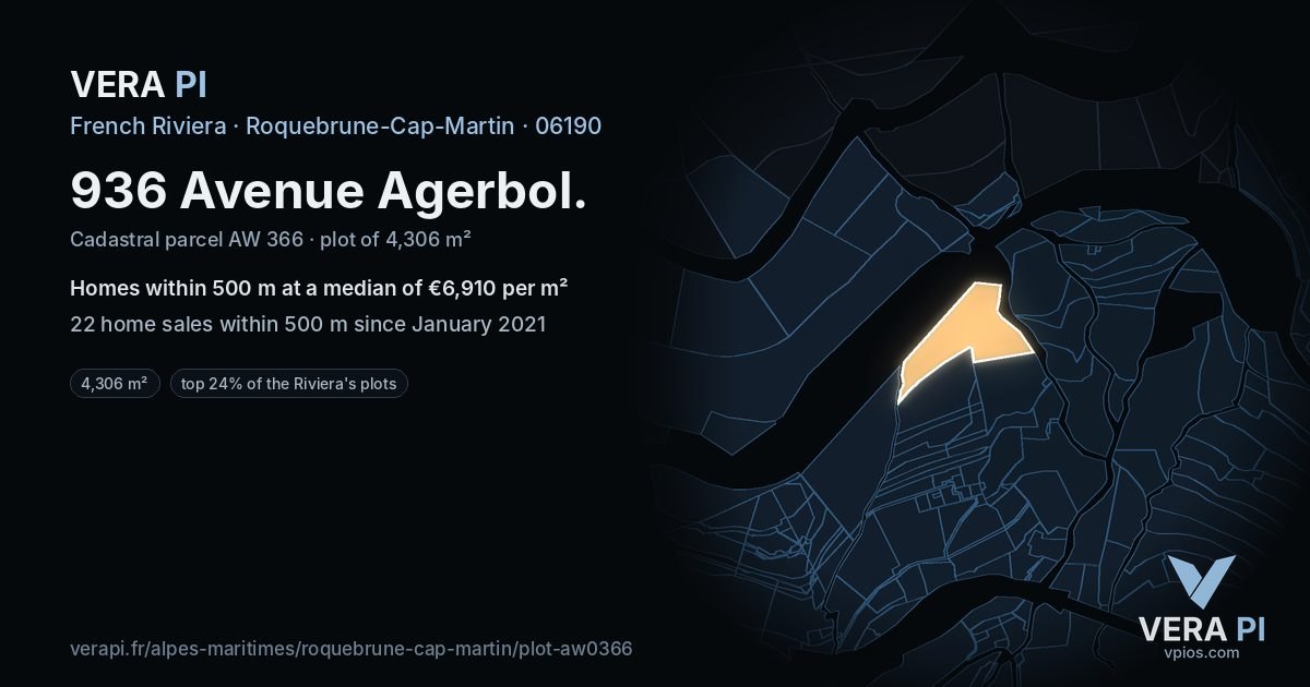936 Avenue Agerbol, Roquebrune-Cap-Martin at night – the plot lit, the parcels around coloured by the prices near them