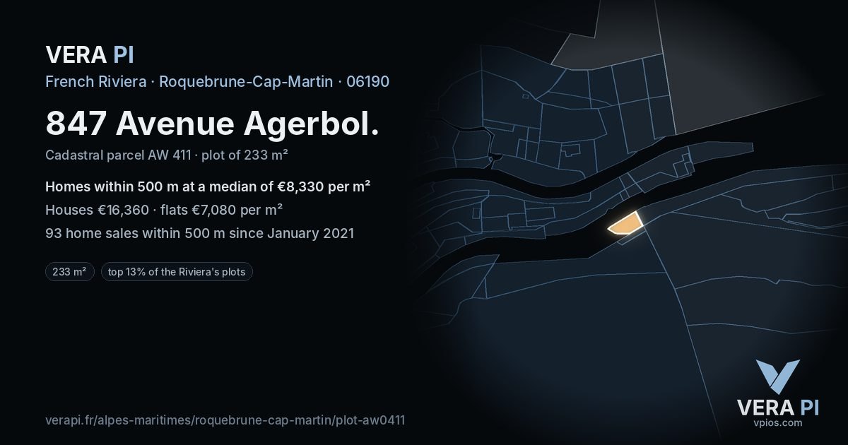 847 Avenue Agerbol, Roquebrune-Cap-Martin at night – the plot lit, the parcels around coloured by the prices near them