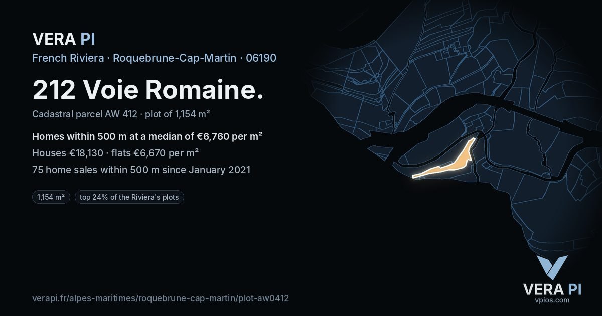 212 Voie Romaine, Roquebrune-Cap-Martin at night – the plot lit, the parcels around coloured by the prices near them
