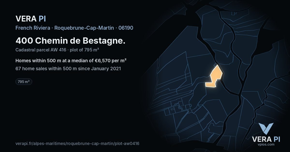 400 Chemin de Bestagne, Roquebrune-Cap-Martin at night – the plot lit, the parcels around coloured by the prices near them