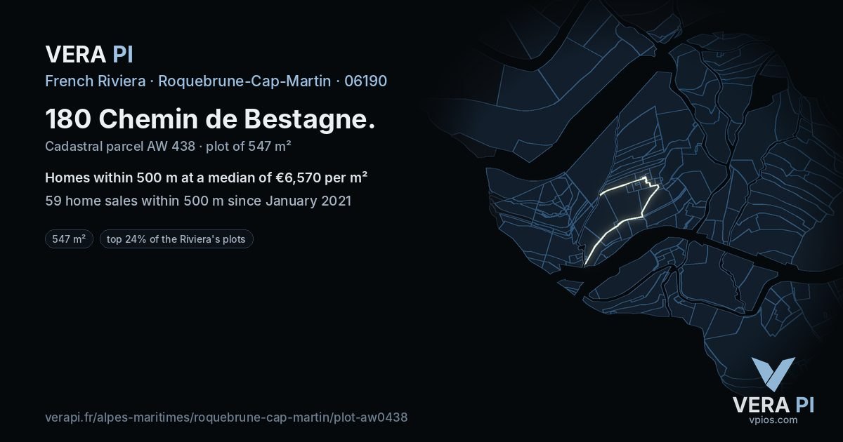 180 Chemin de Bestagne, Roquebrune-Cap-Martin at night – the plot lit, the parcels around coloured by the prices near them