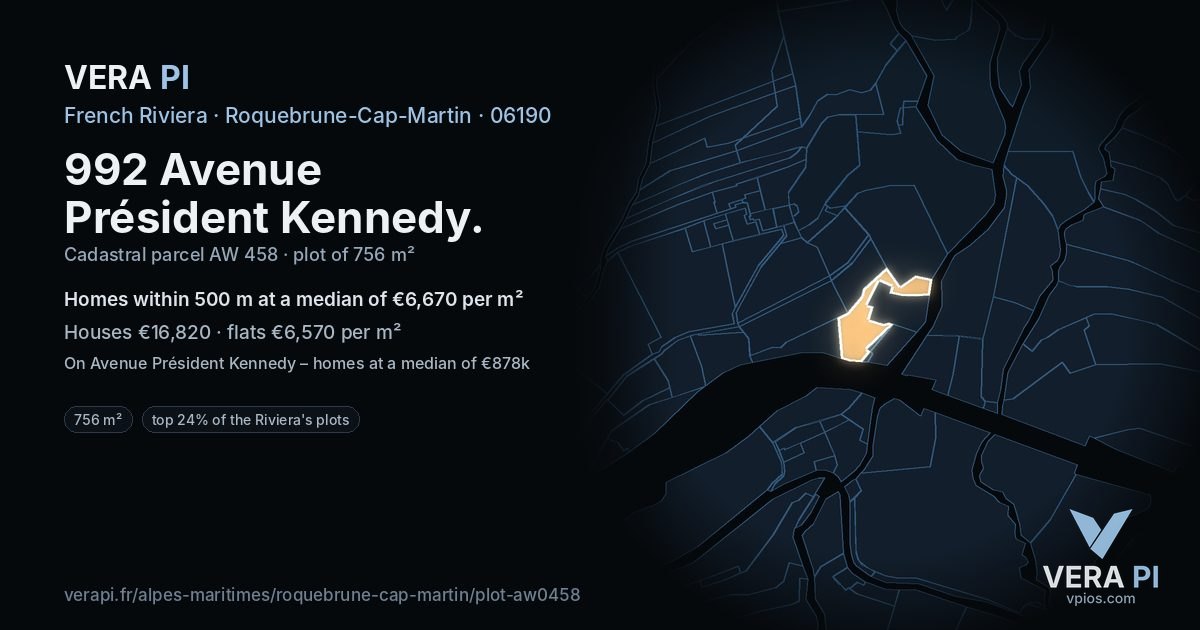992 Avenue Président Kennedy, Roquebrune-Cap-Martin at night – the plot lit, the parcels around coloured by the prices near them