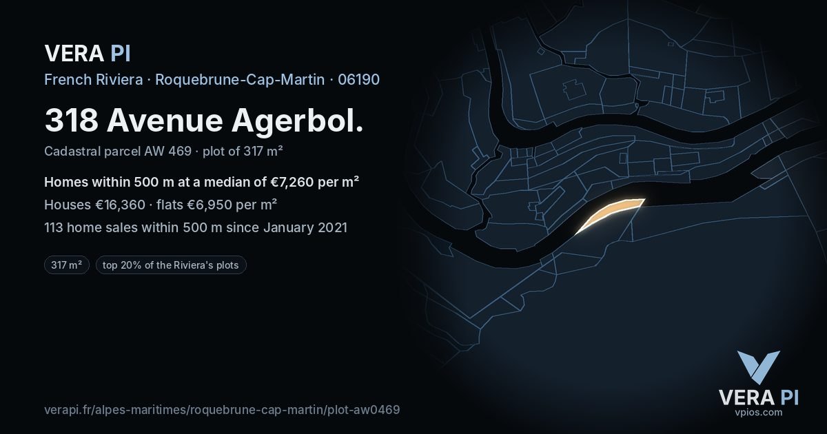318 Avenue Agerbol, Roquebrune-Cap-Martin at night – the plot lit, the parcels around coloured by the prices near them
