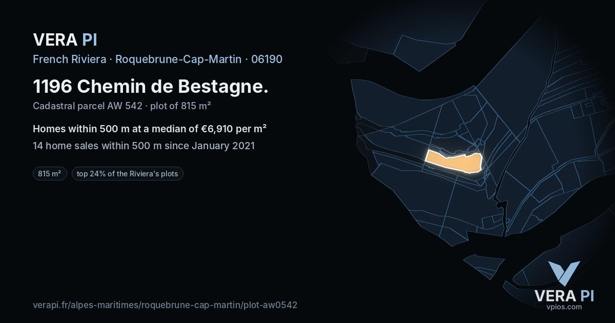 1196 Chemin de Bestagne, Roquebrune-Cap-Martin at night – the plot lit, the parcels around coloured by the prices near them