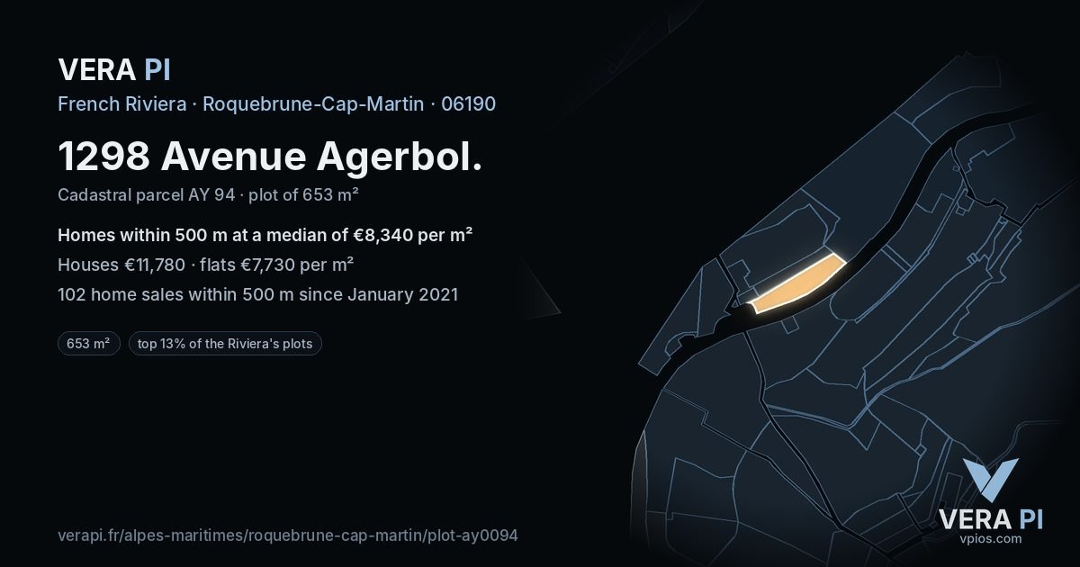 1298 Avenue Agerbol, Roquebrune-Cap-Martin at night – the plot lit, the parcels around coloured by the prices near them