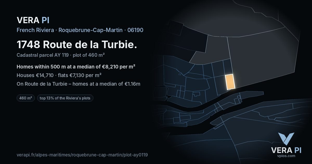 1748 Route de la Turbie, Roquebrune-Cap-Martin at night – the plot lit, the parcels around coloured by the prices near them