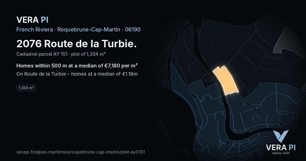 2076 Route de la Turbie, Roquebrune-Cap-Martin at night – the plot lit, the parcels around coloured by the prices near them