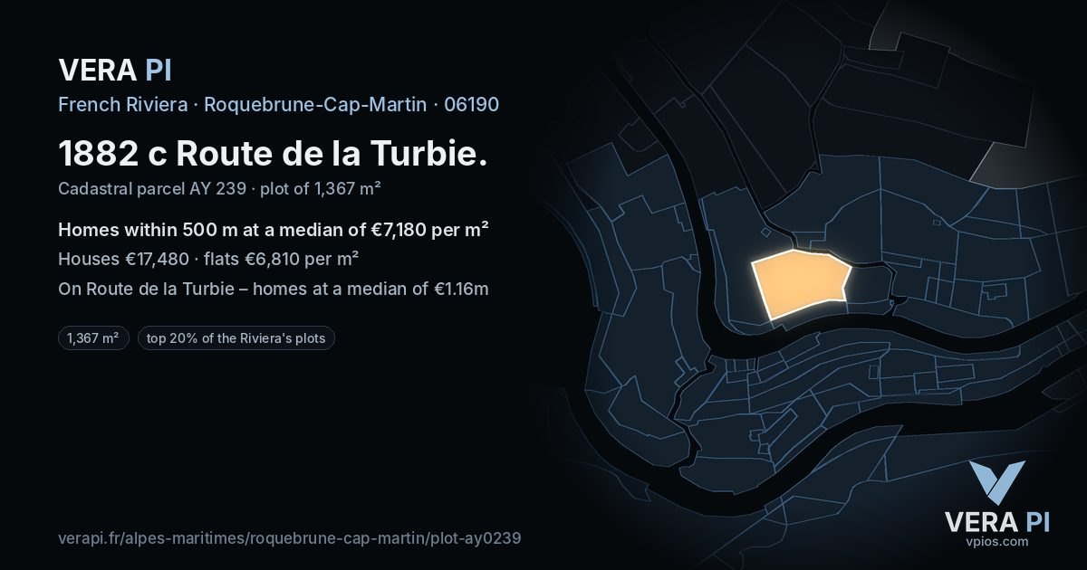 1882 c Route de la Turbie, Roquebrune-Cap-Martin at night – the plot lit, the parcels around coloured by the prices near them